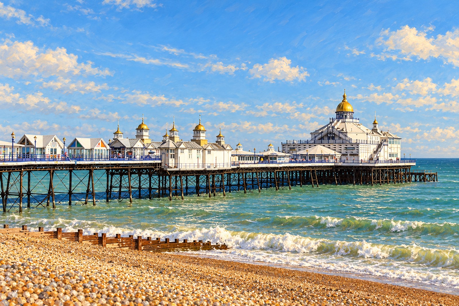Artist's impression of Eastbourne Pier beside the shingle beach